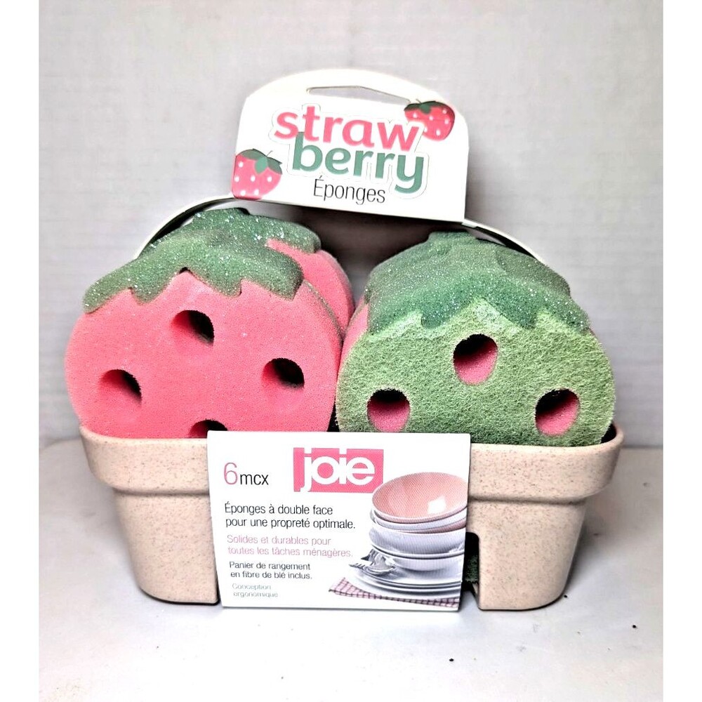 Joie Strawberry Sponges Dual-Sided 6-pc Wheat Fiber Storage Basket Ergonomic NEW